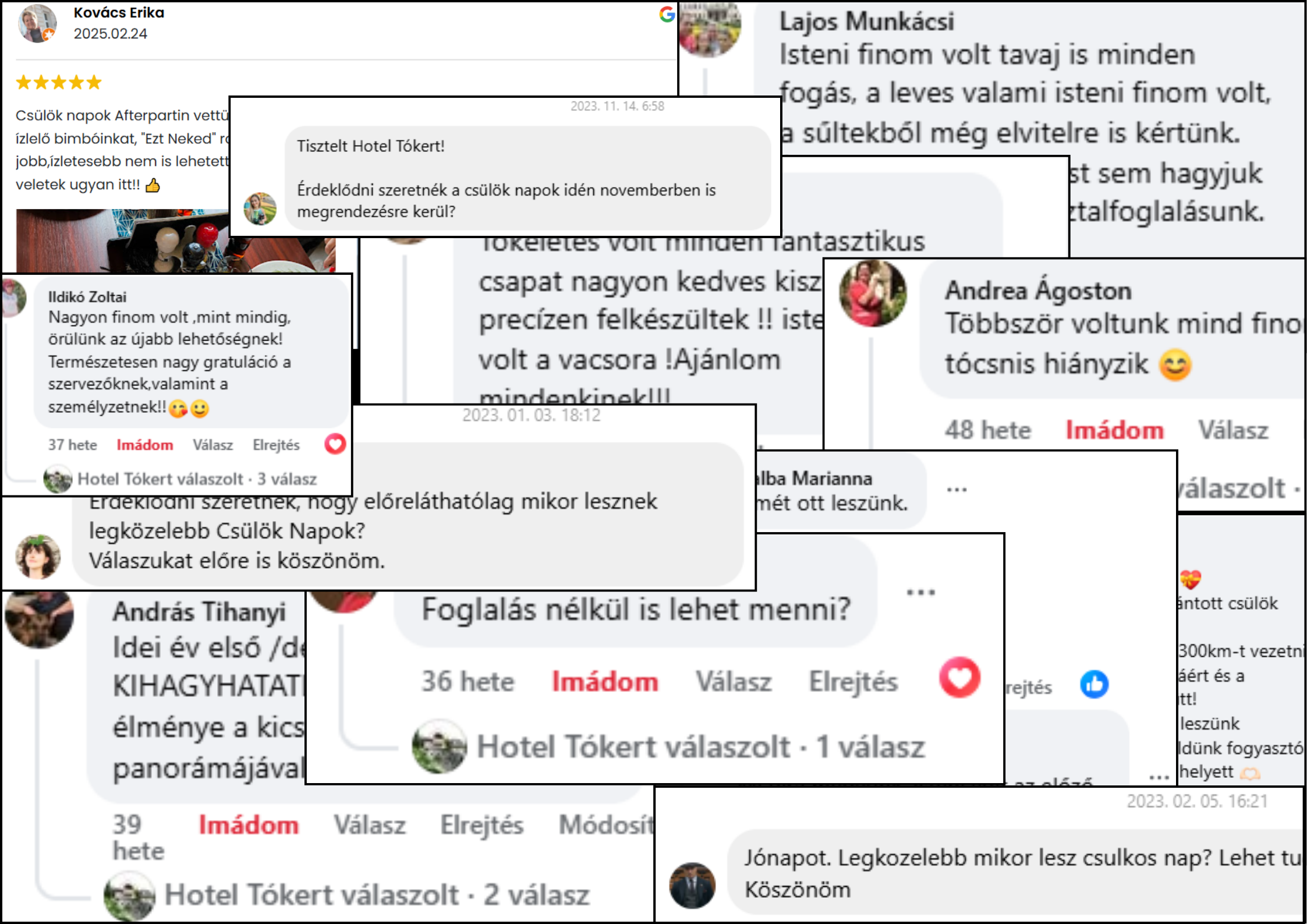 Képmontázs a Hotel Tókert vendégeinek Facebook-kommentjeiből és üzeneteiből a Csülök Napok eseményről. A képen vendégértékelések, dicséretek és érdeklődő üzenetek láthatók arról, hogy mikor lesznek legközelebb a Csülök Napok, valamint visszatérő vendégek köszönetnyilvánításai.